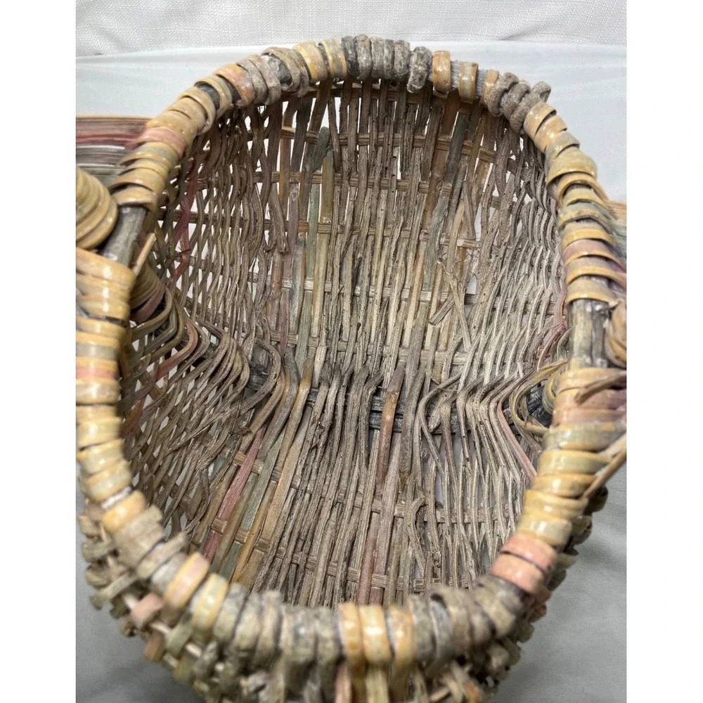 Vintage Hand Woven Rustic Egg Basket God's Eye Primitive Wicker Bentwood Handle